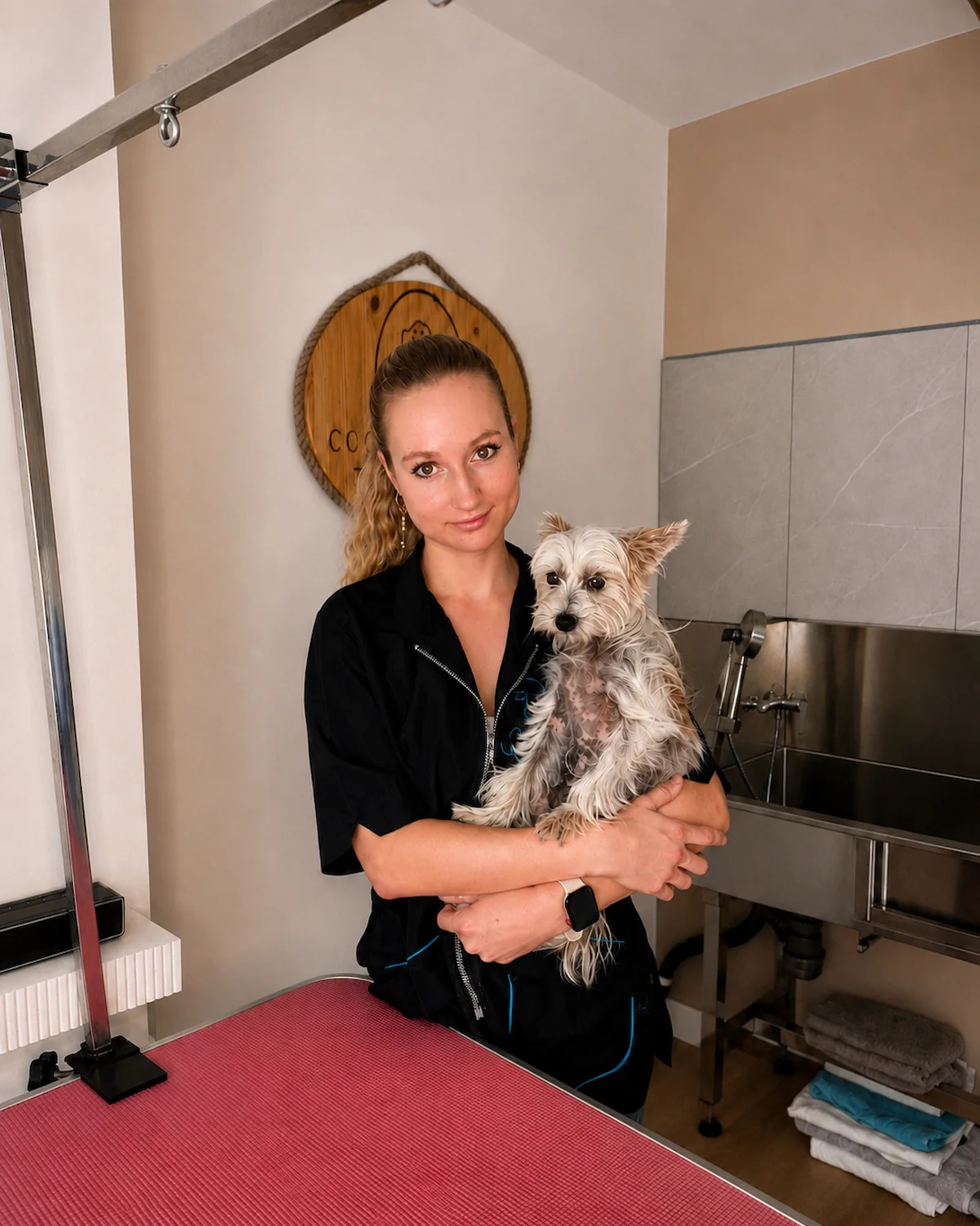 Noémie Castel et son chien Mango, dans le salon Coco Chat'Dog à Guérande